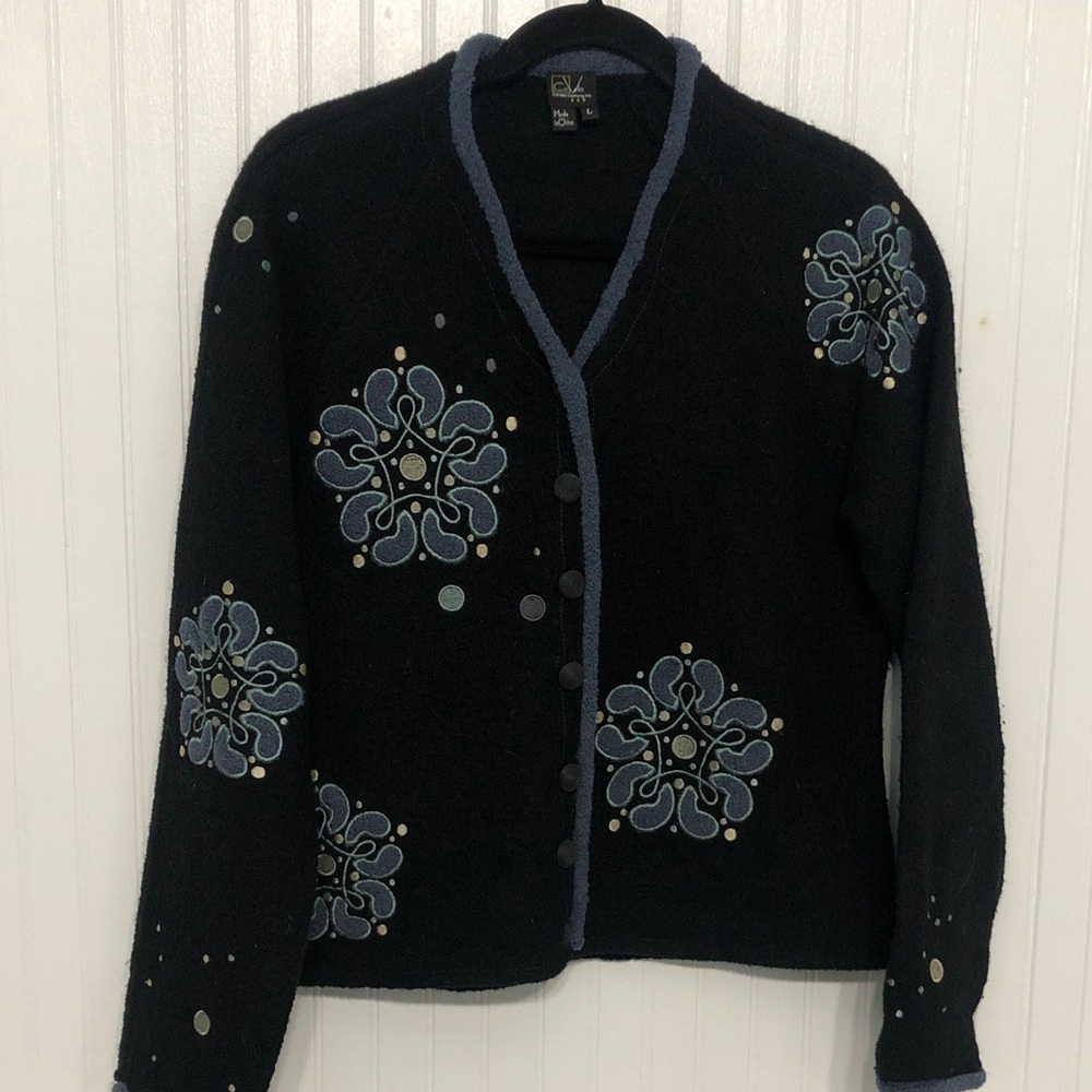CoVelo BOILED WOOL Appliqué CARDIGAN Black/Blue EUC